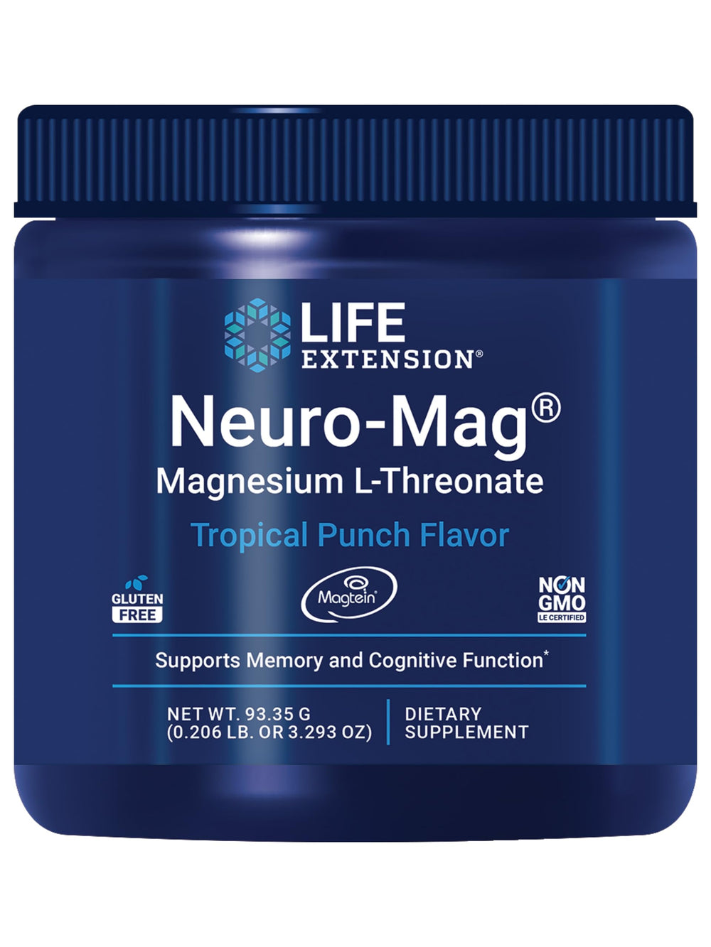 Life Extension envase frontal del Neuro-Mag mostrando marca y sello de calidad