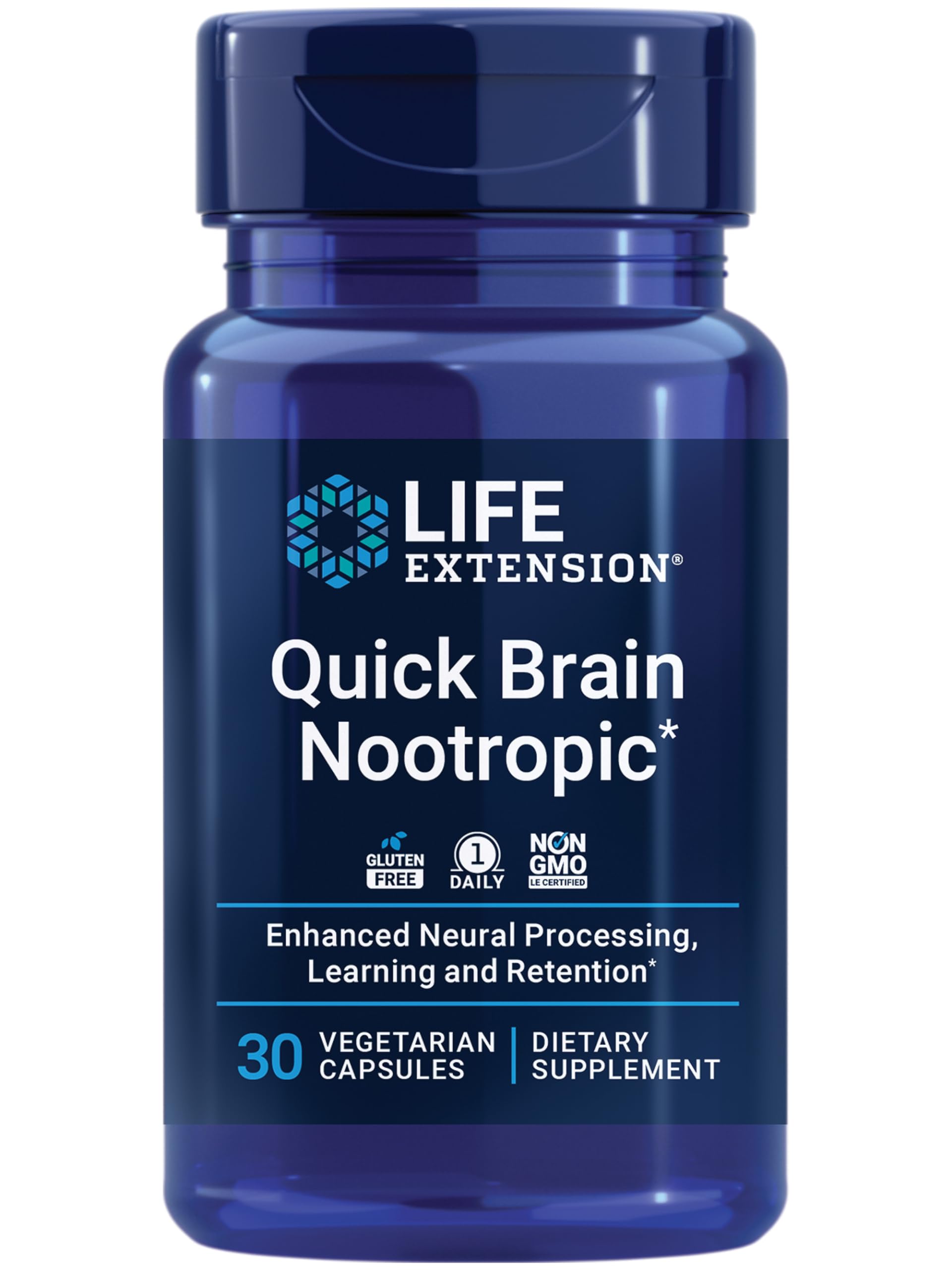 Life Extension frasco frontal mostrando 30 cápsulas y marca para concentración