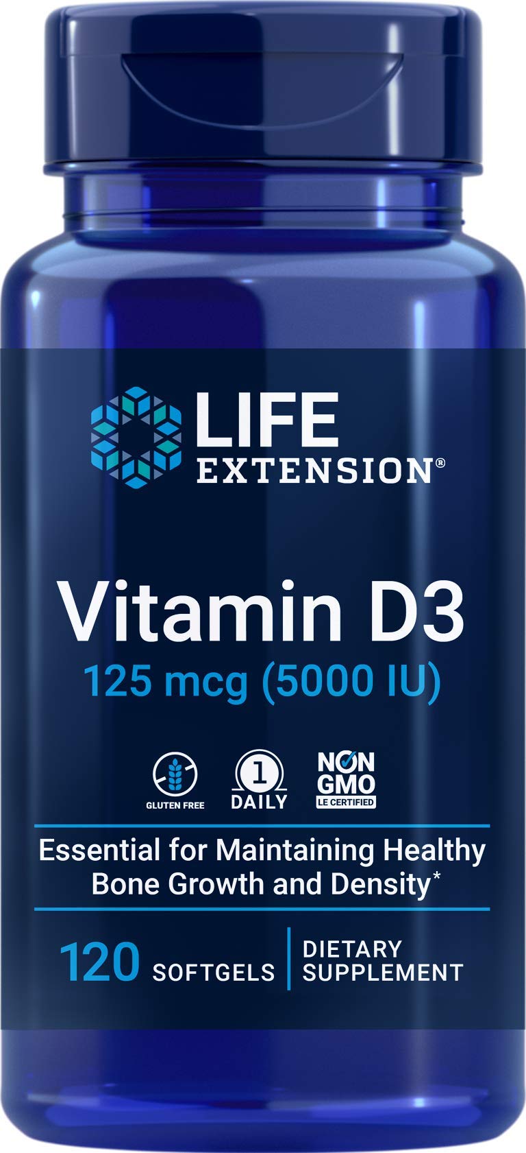 Life Extension frasco frontal mostrando 120 softgels y beneficio de suministro prolongado