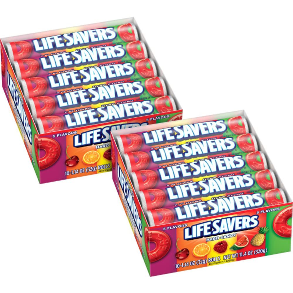 Life Savers frente del empaque mostrando los 5 sabores y conveniencia