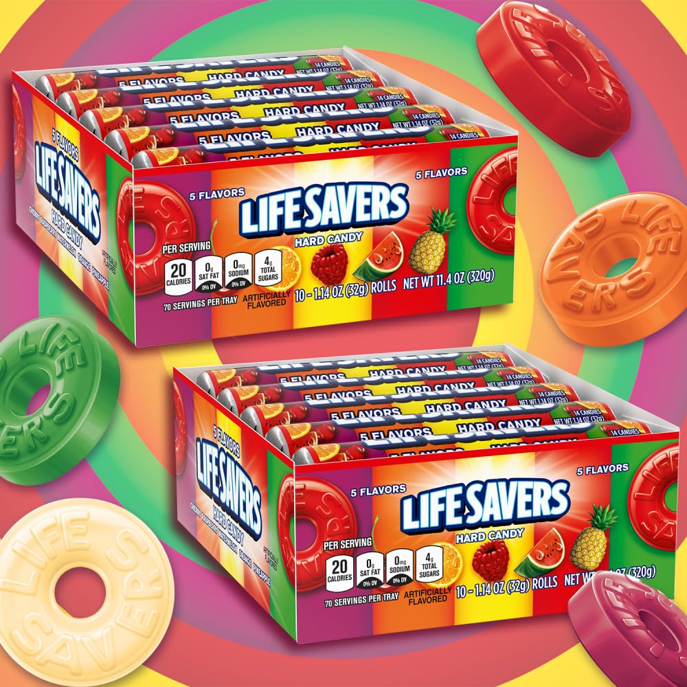 Life Savers rollo abierto con caramelos envueltos listo para compartir