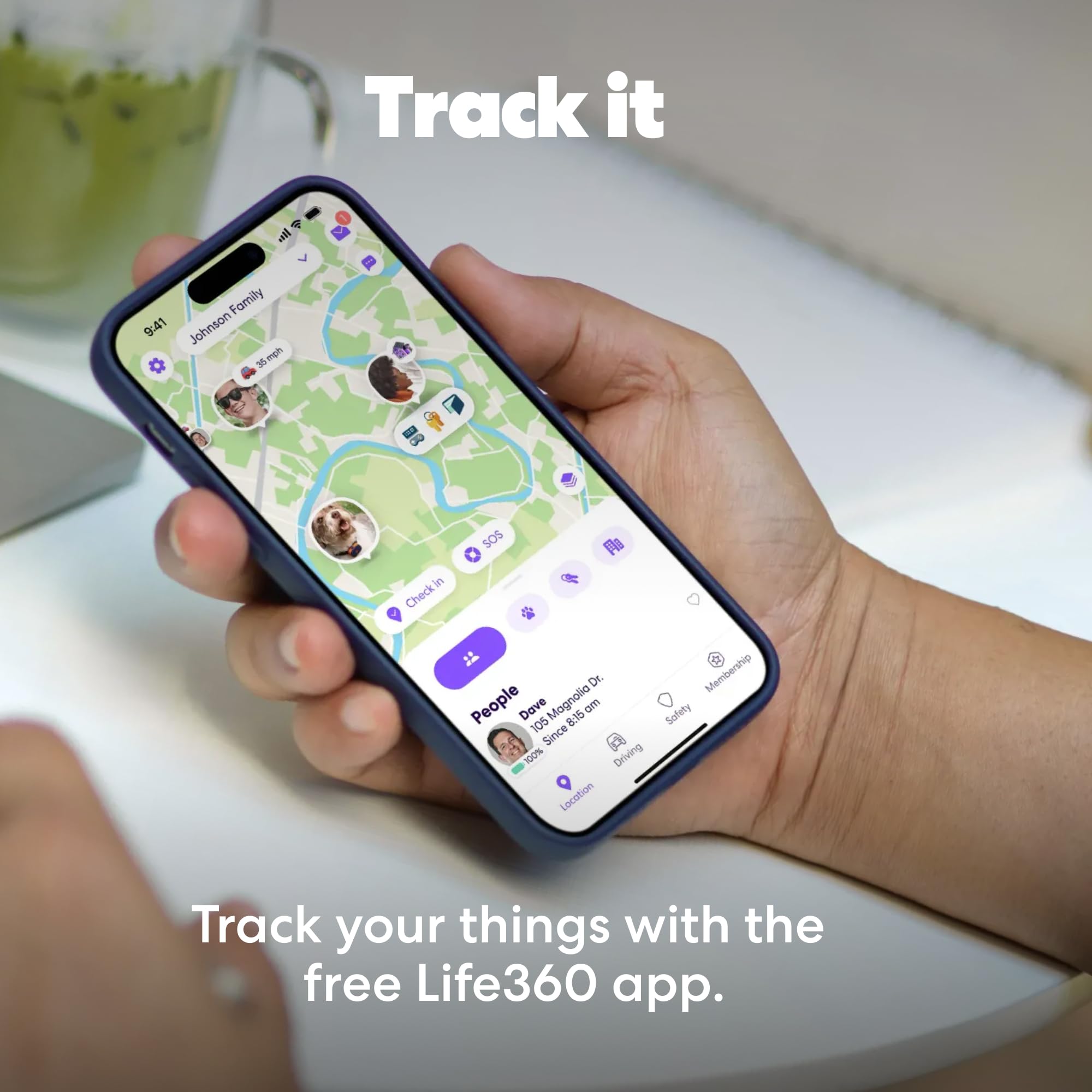 Life360 Tile enfoque en el botón para activar timbre y encontrar teléfono.