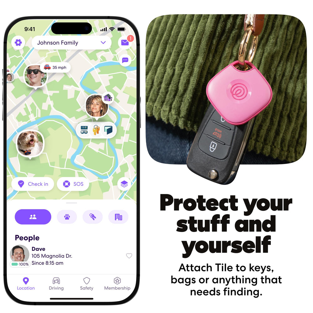 Life360 Tile sujeto en un llavero, ayuda a localizar llaves rápidamente.