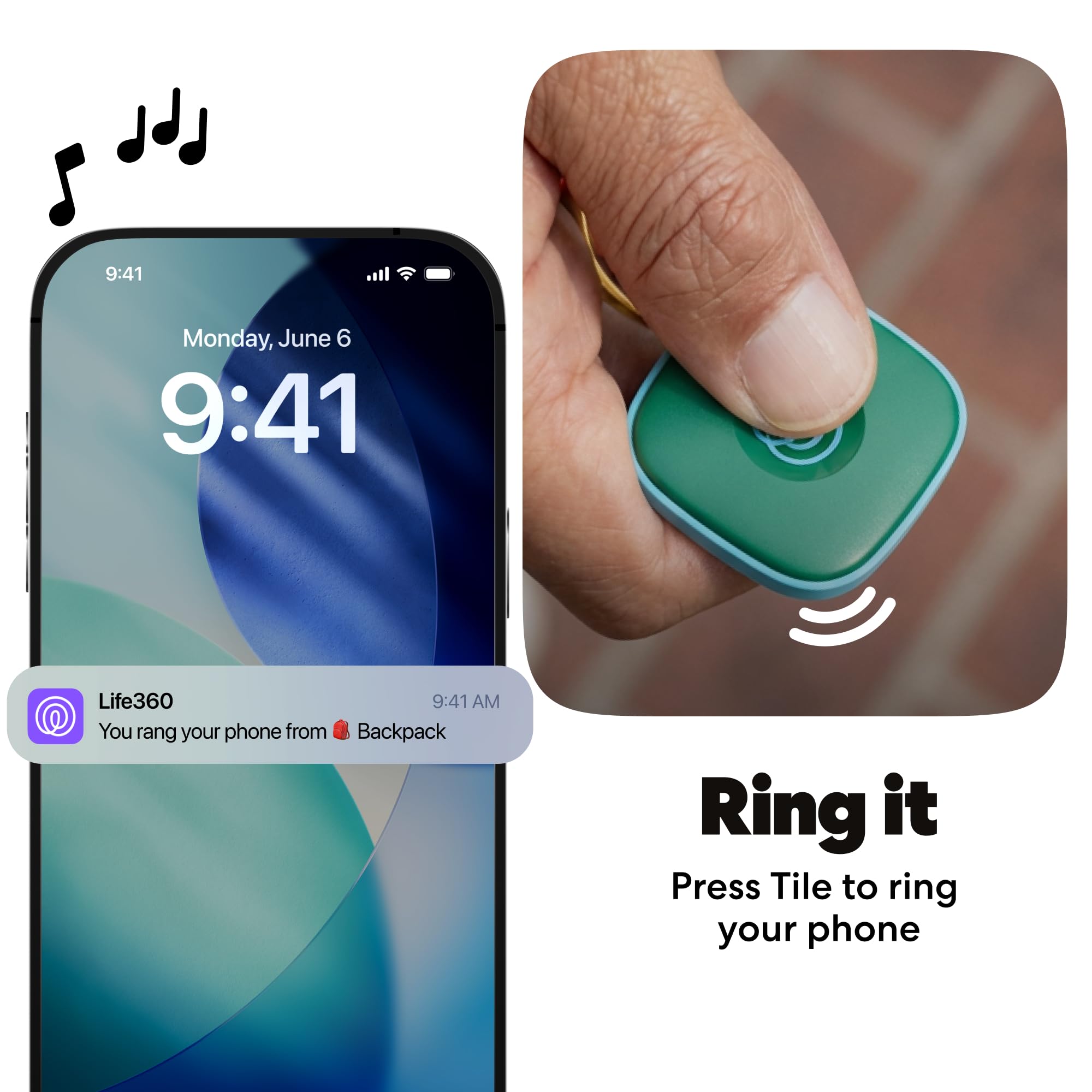 Life360 Tile en mano para mostrar tamaño compacto y transporte cómodo.