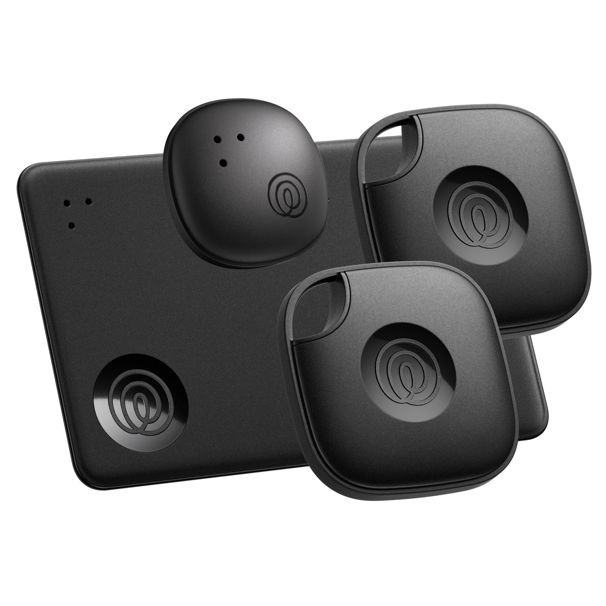 Life360 Tile pack frontal mostrando cuatro localizadores, facilita encontrar objetos rápidamente