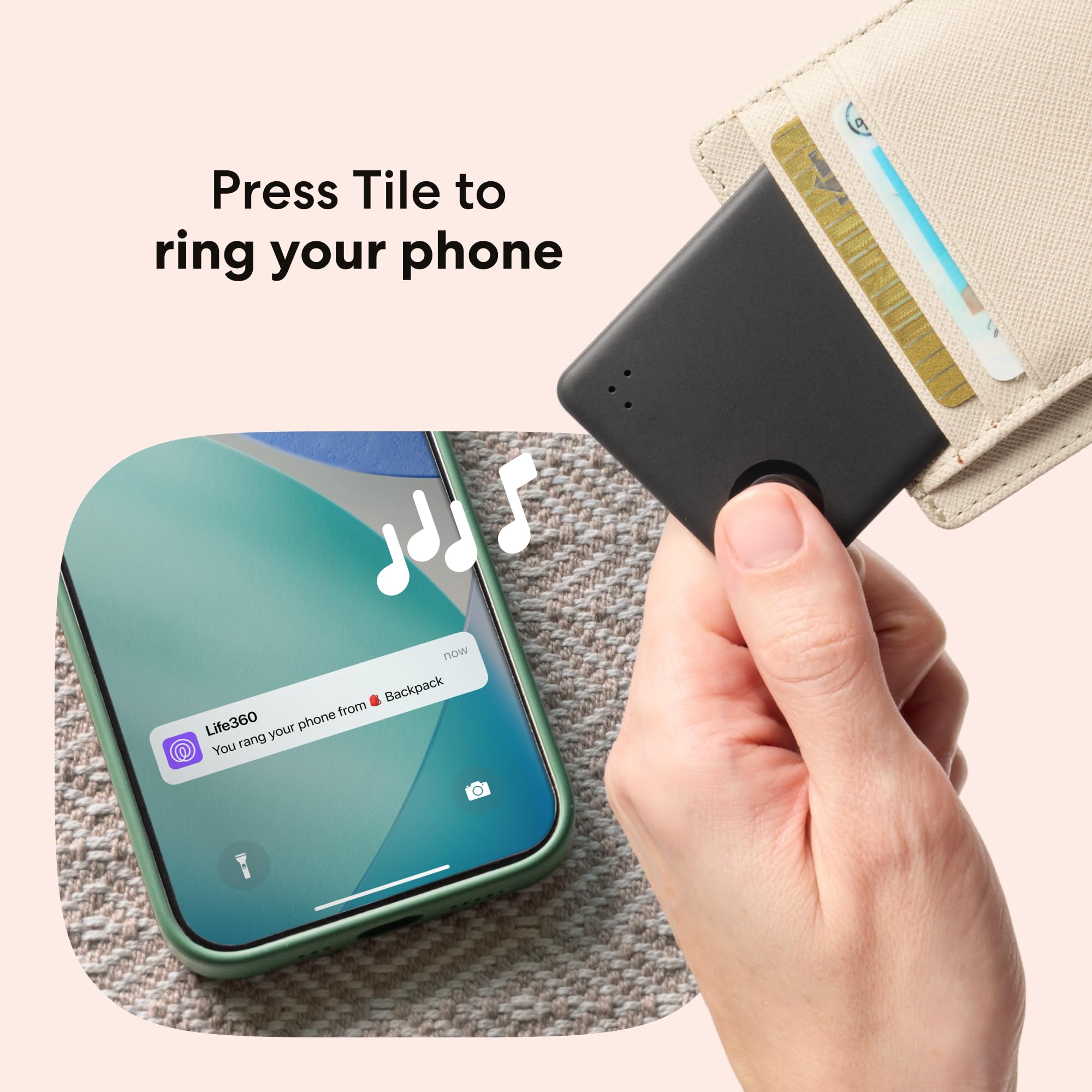 Life360 Tile Slim en uso buscando teléfono con timbre para encontrarlo rápido