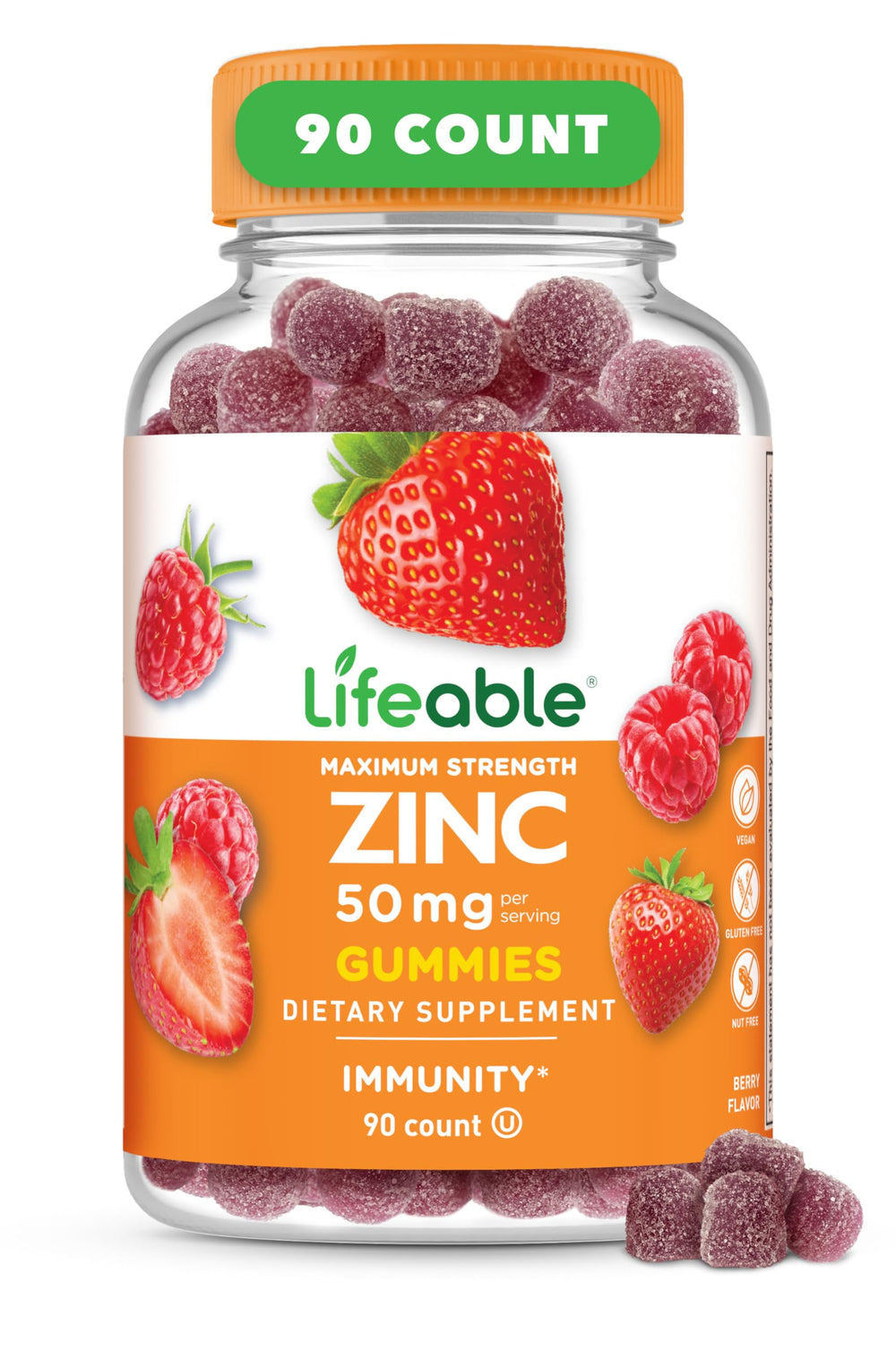 Lifeable envase frontal mostrando 90 gomitas y beneficio conveniencia