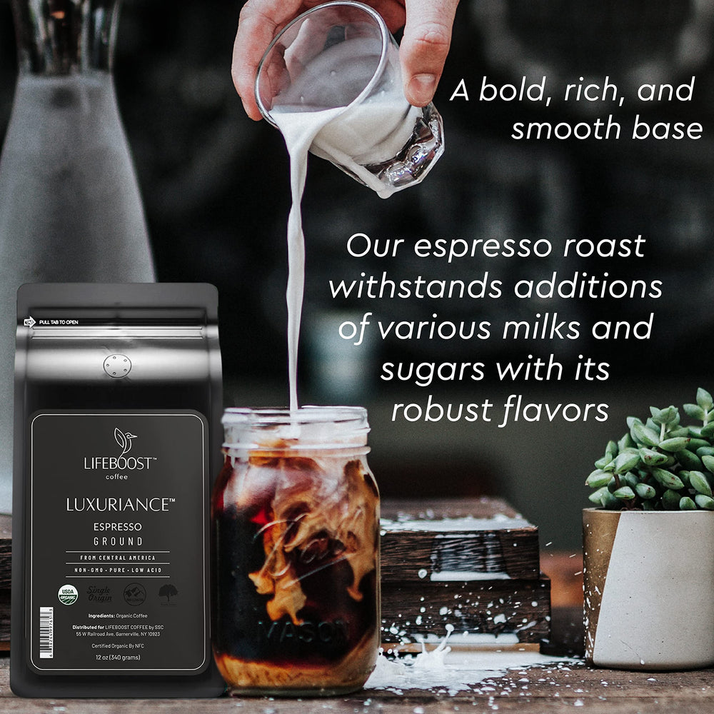 LIFEBOOST taza de espresso con crema espesa mostrando sabor intenso y cuerpo