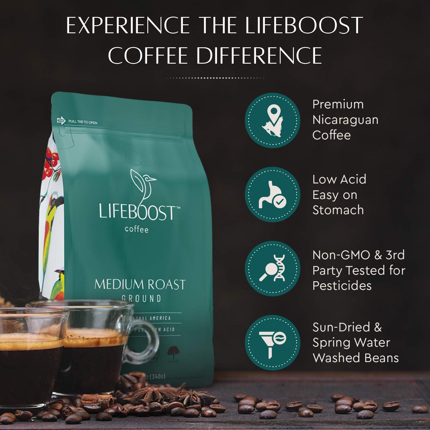LIFEBOOST granos en mano en finca de montaña resaltando origen ético