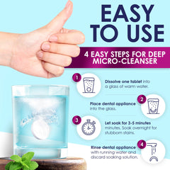 Lifebox Essentials aparato dental en remojo ilustrando limpieza en 3 minutos y frescura