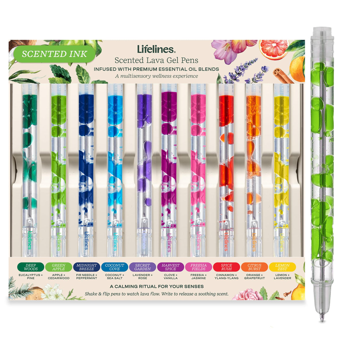 Lifelines pack frontal mostrando los diez bolígrafos y colores vibrantes