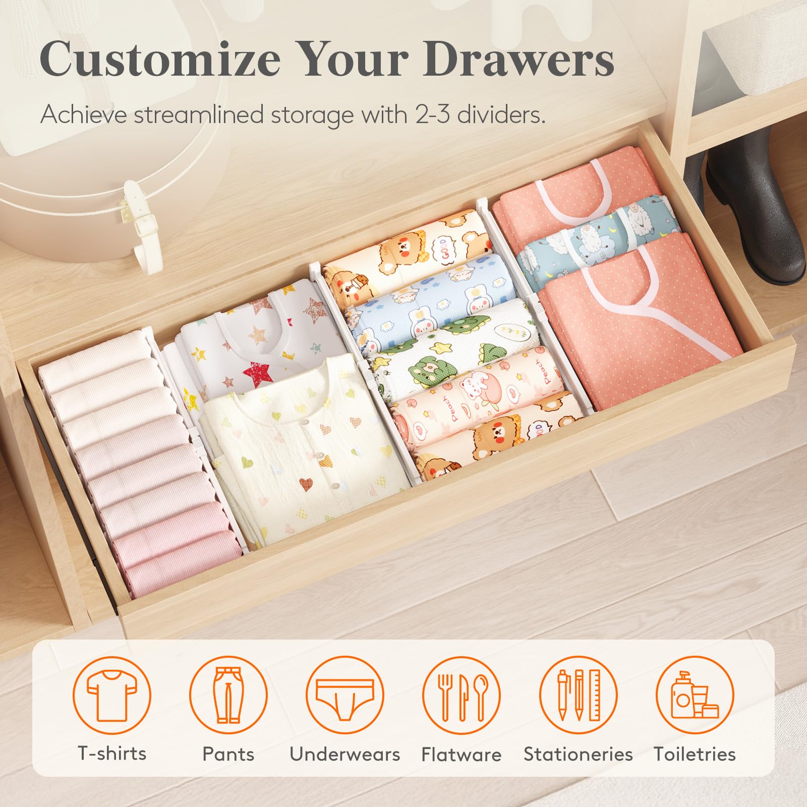 Lifewit escena de dormitorio con cajones organizados y ambiente ordenado