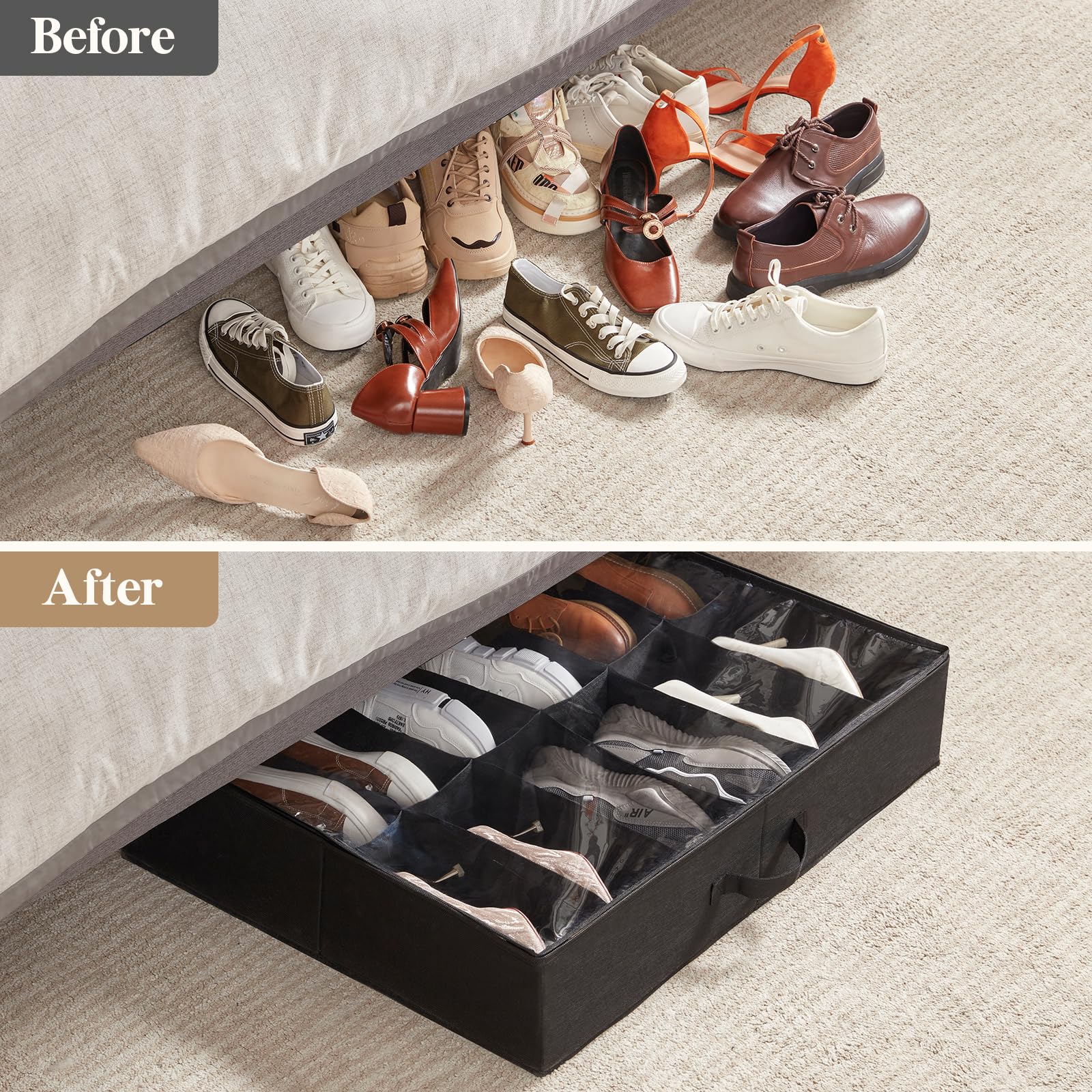 Lifewit organizador con zapatillas, sandalias y pantuflas demostrando capacidad