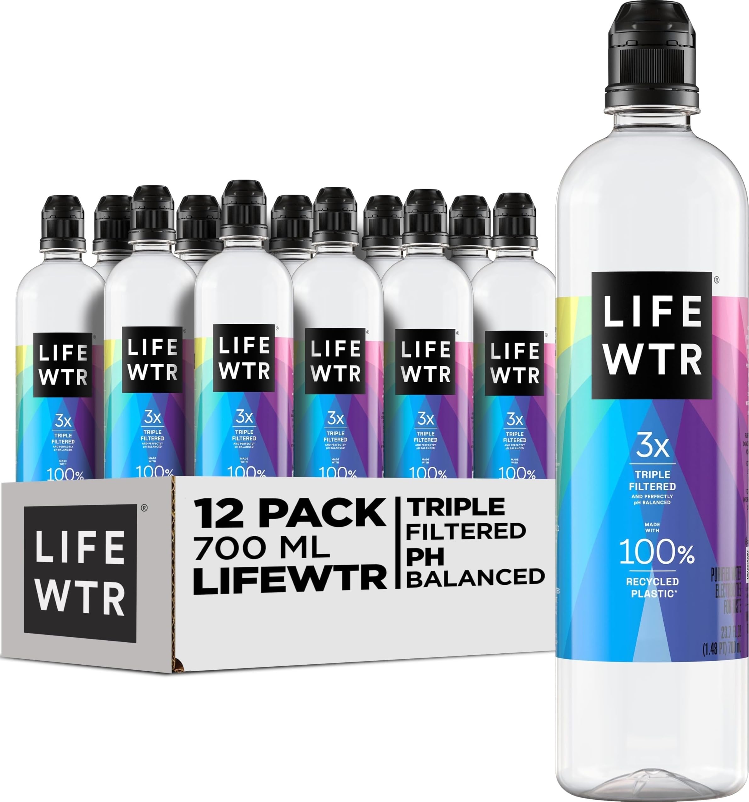 LIFEWTR front pack shows twelve 700ml bottles and recyclable design benefit