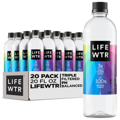 LIFEWTR frontal del pack de 20 botellas mostrando diseño y reciclaje