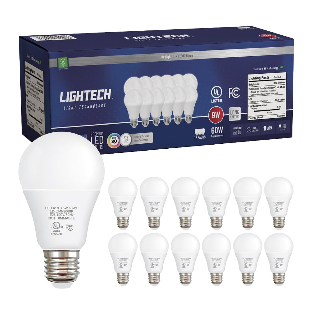 Lightech bombilla A19 frontal pack mostrando diseño y acabado, brillo consistente