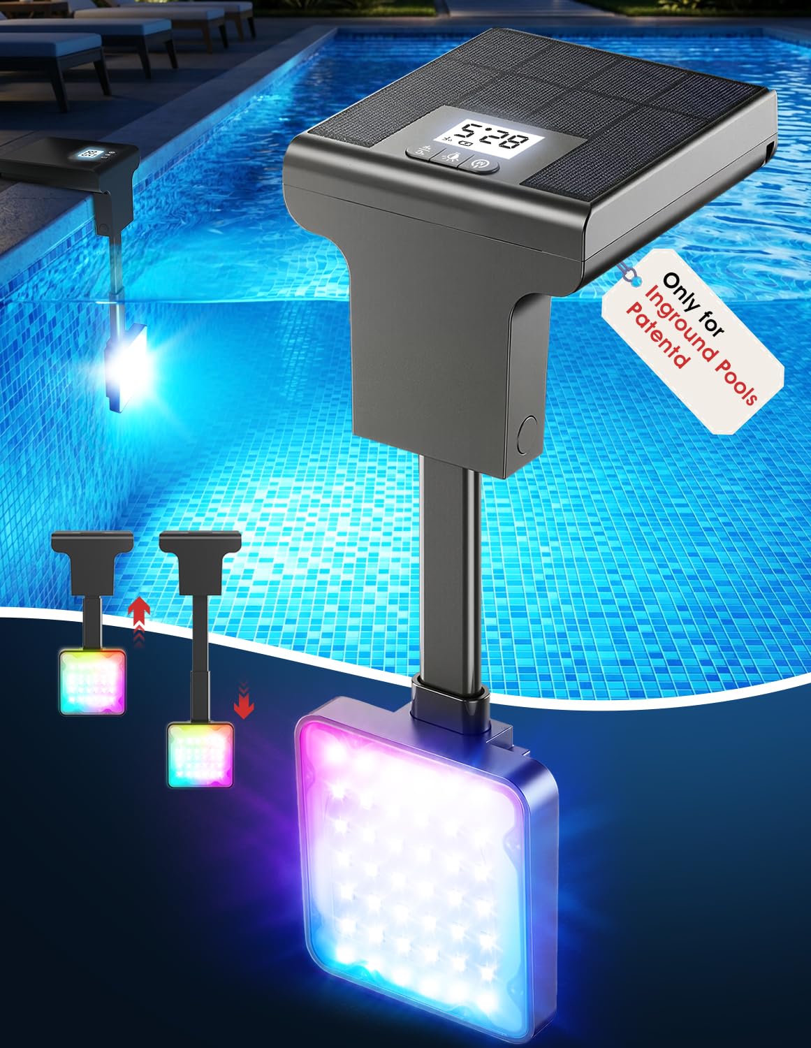 LightHacker vista frontal de la lámpara solar para piscina, ilumina ambiente con estilo
