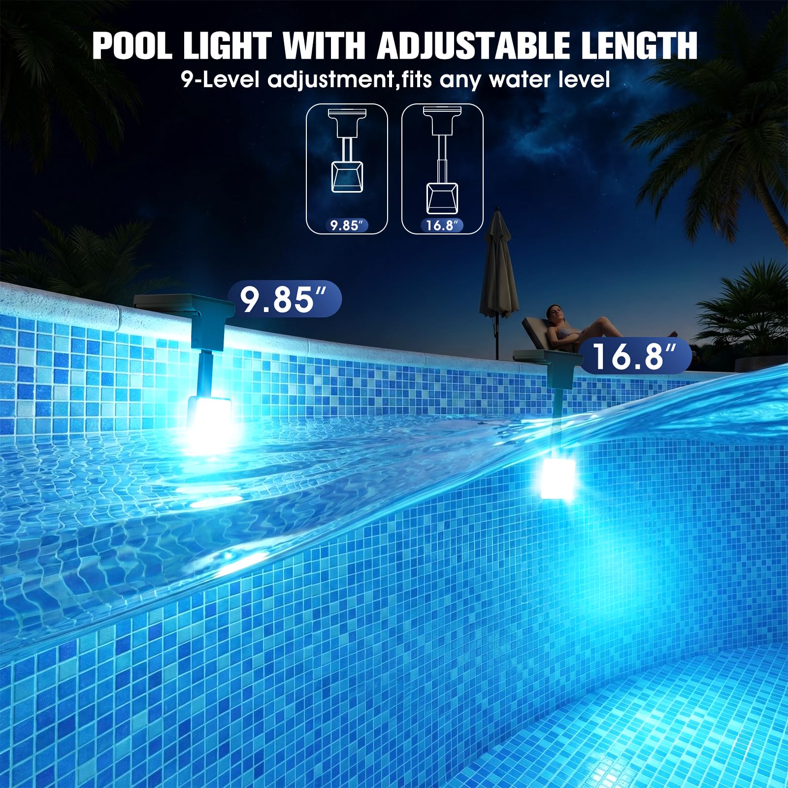LightHacker lámpara encendida en piscina nocturna, crea ambiente y seguridad