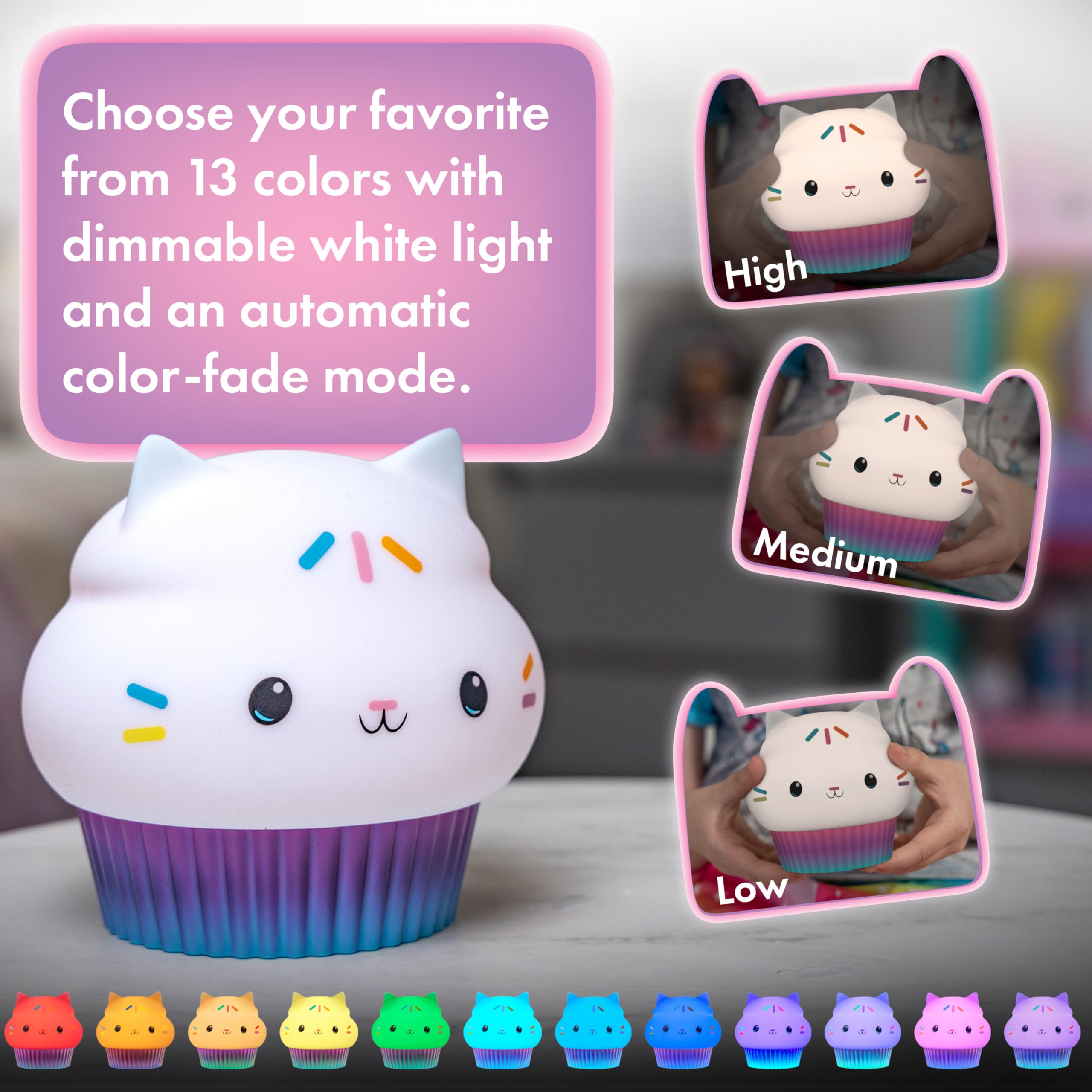 Lights By Night Cakey Cat en uso en mesita, facilita la rutina nocturna