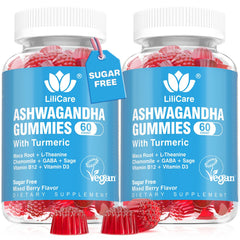 LILICARE frasco frontal de gominolas ashwagandha, formato vegano y sin azúcar