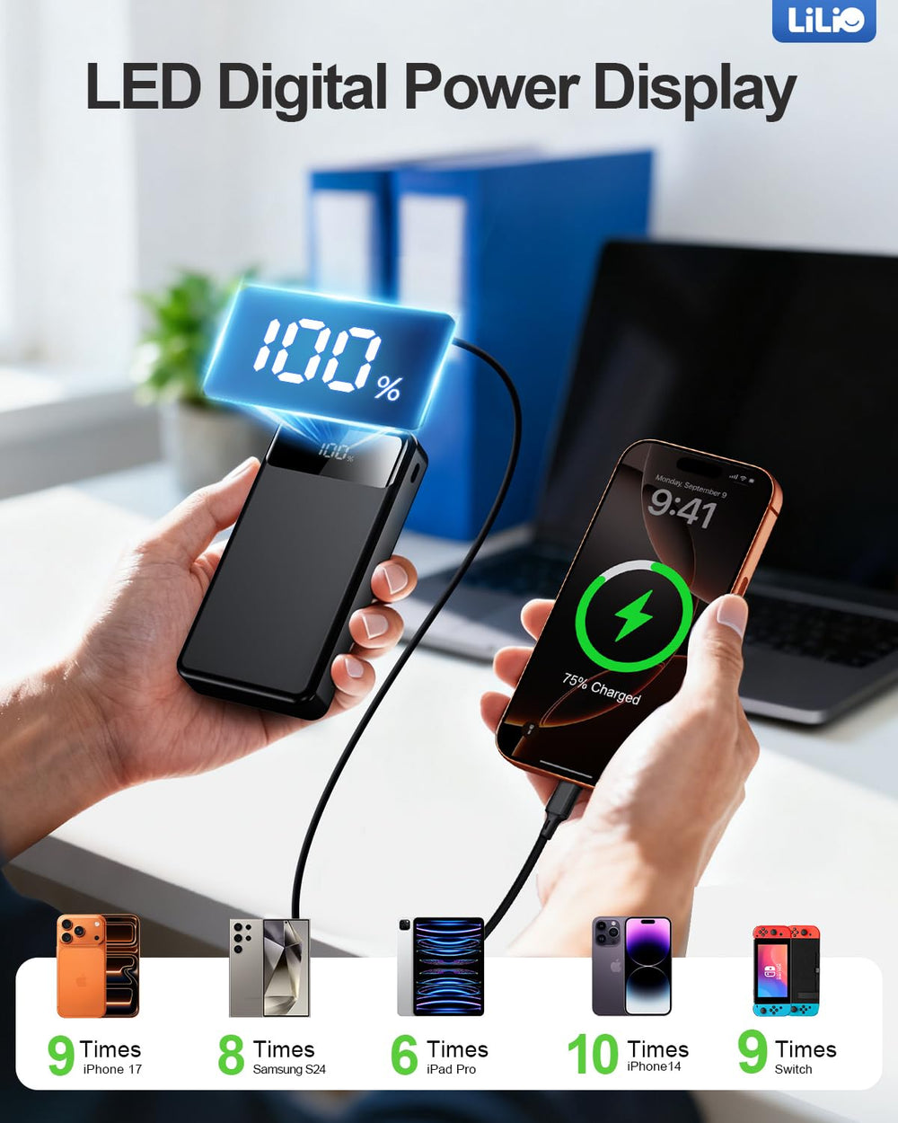 LILIO junto a un teléfono para comparar tamaño y mostrar portabilidad útil