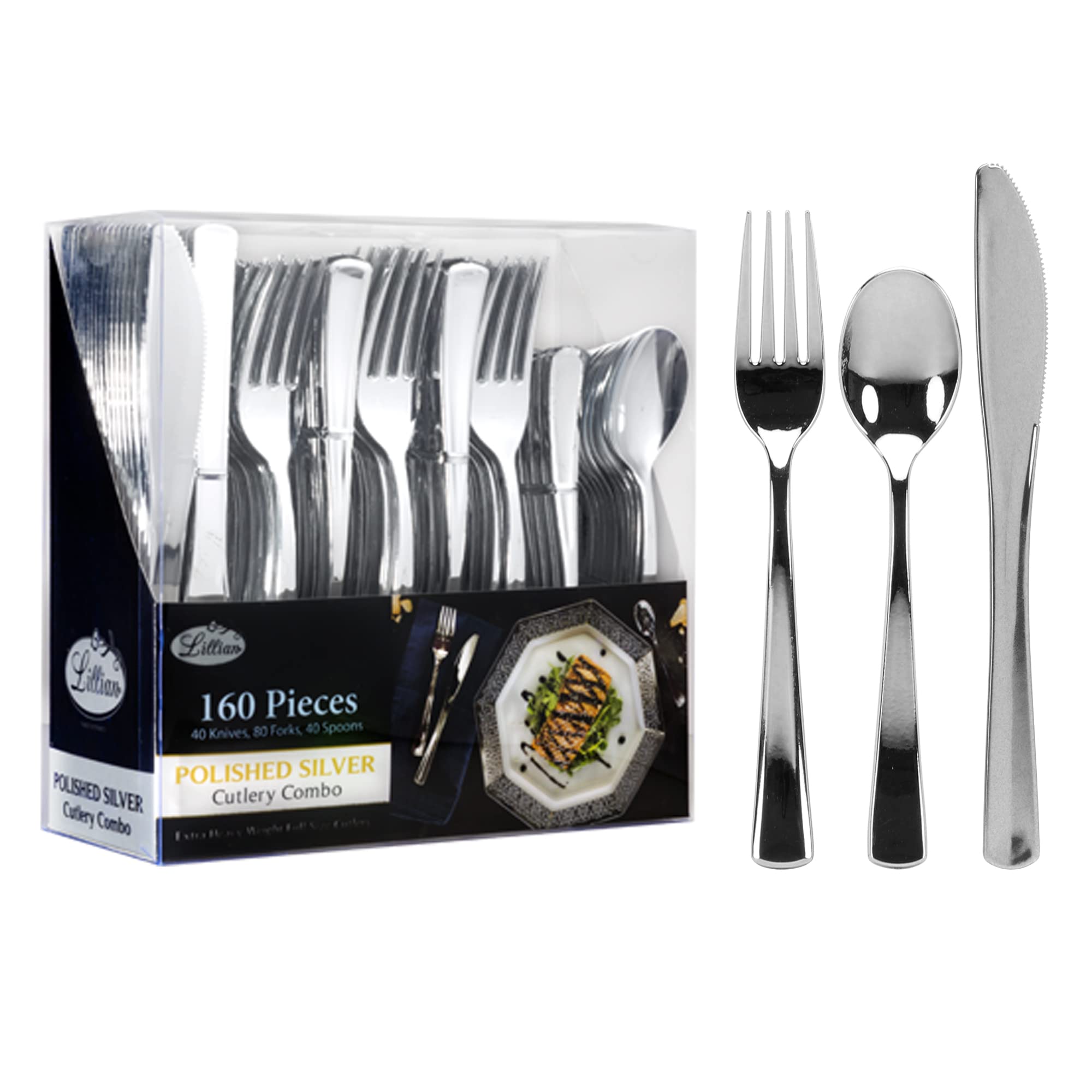 Lillian Tablesettings empaque frontal plateado mostrando cantidad y acabado brilloso