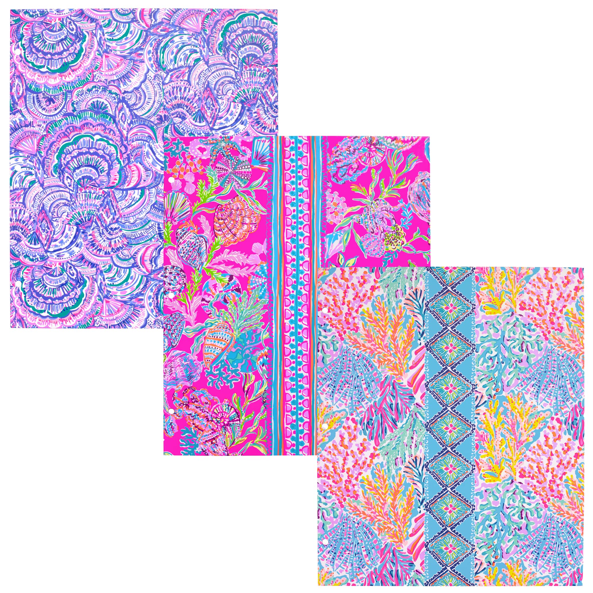 Lilly Pulitzer vista frontal del pack de 3 carpetas con diseños vibrantes y protección práctica