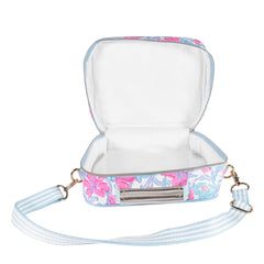 Lilly Pulitzer interior aislante abierto mostrando capacidad para comida y bebidas
