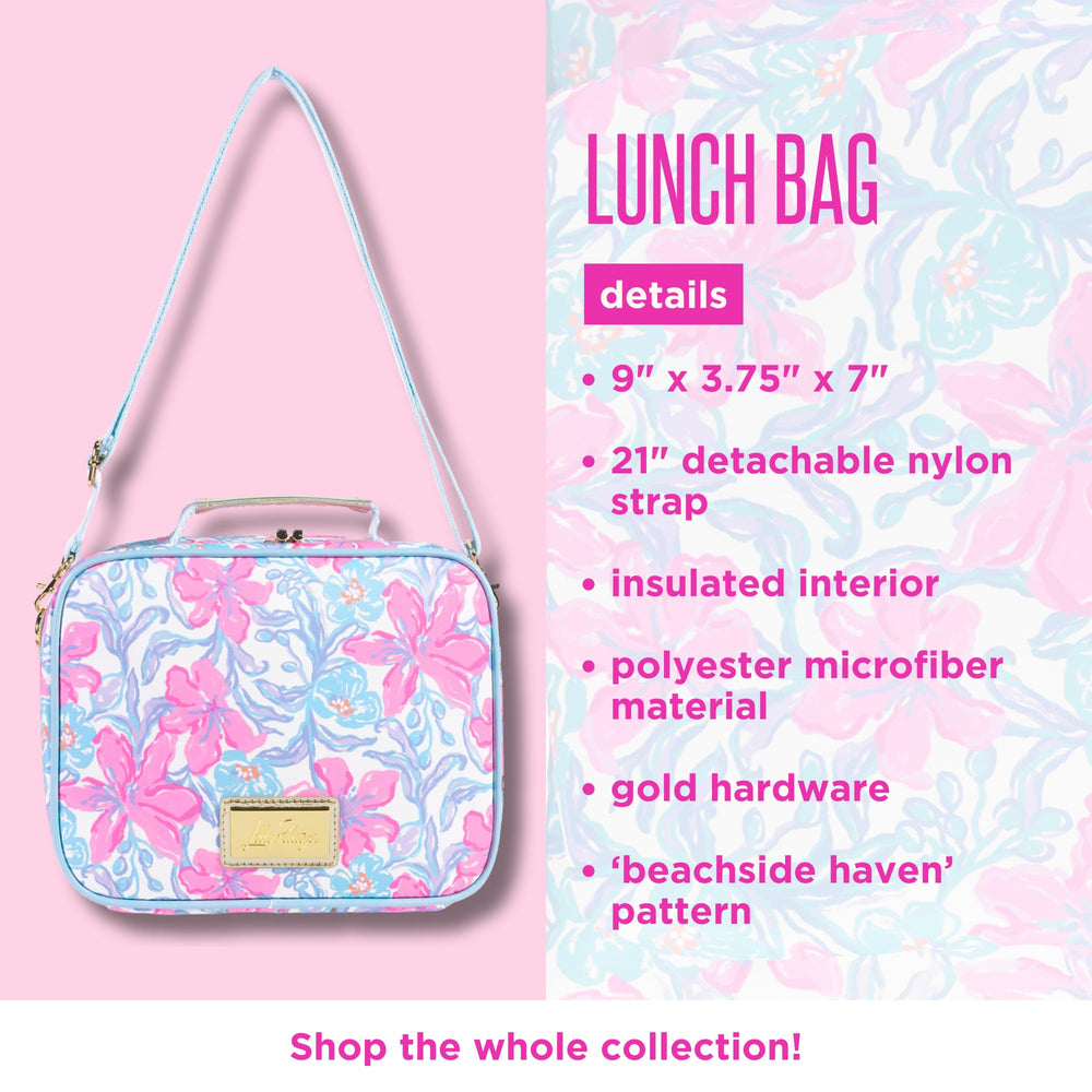 Lilly Pulitzer comparación de tamaño junto a botella para valorar capacidad