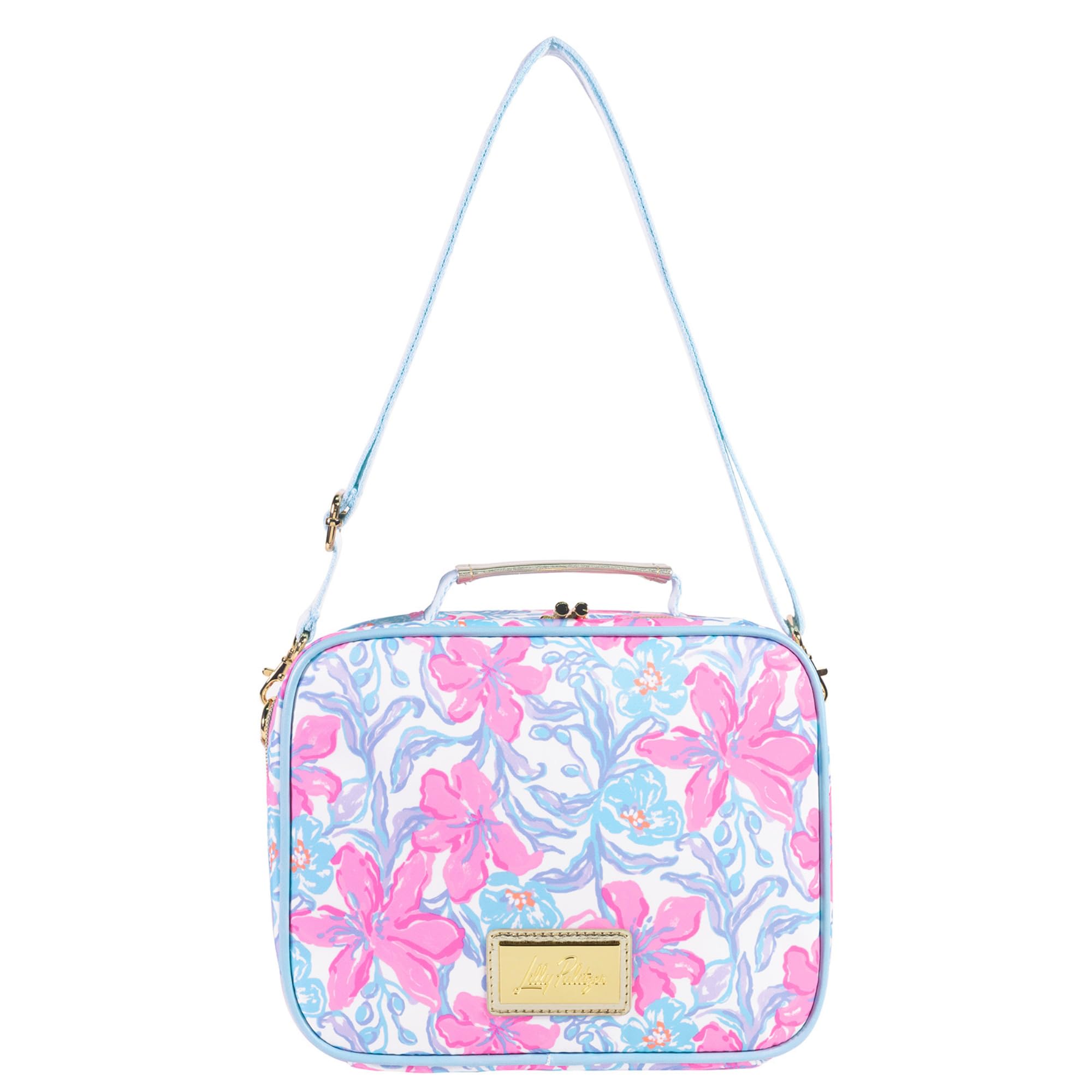 Lilly Pulitzer lunch box en uso al hombro, transporte cómodo y manos libres