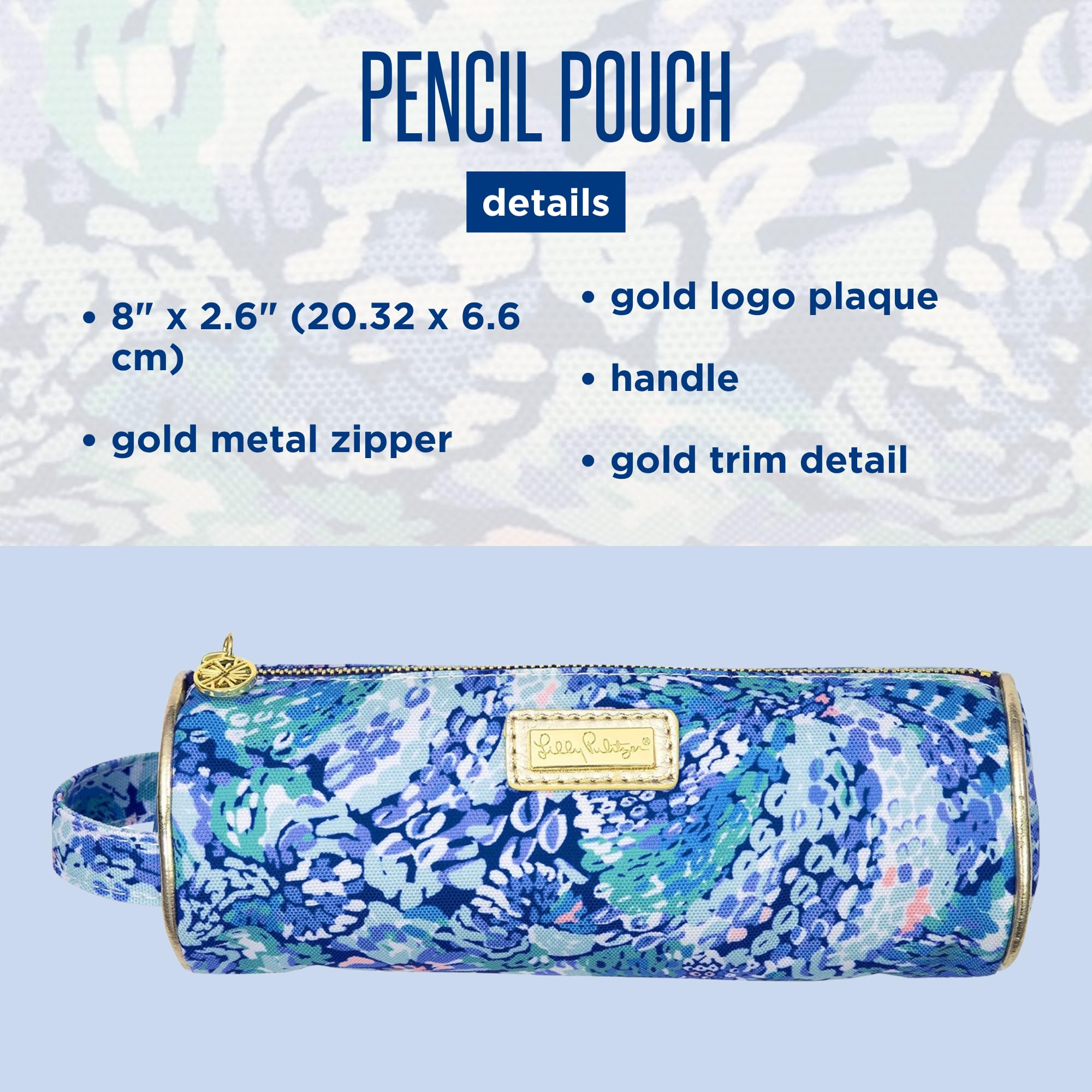 Lilly Pulitzer pouch comparación de tamaño junto a bolígrafos ilustrando capacidad
