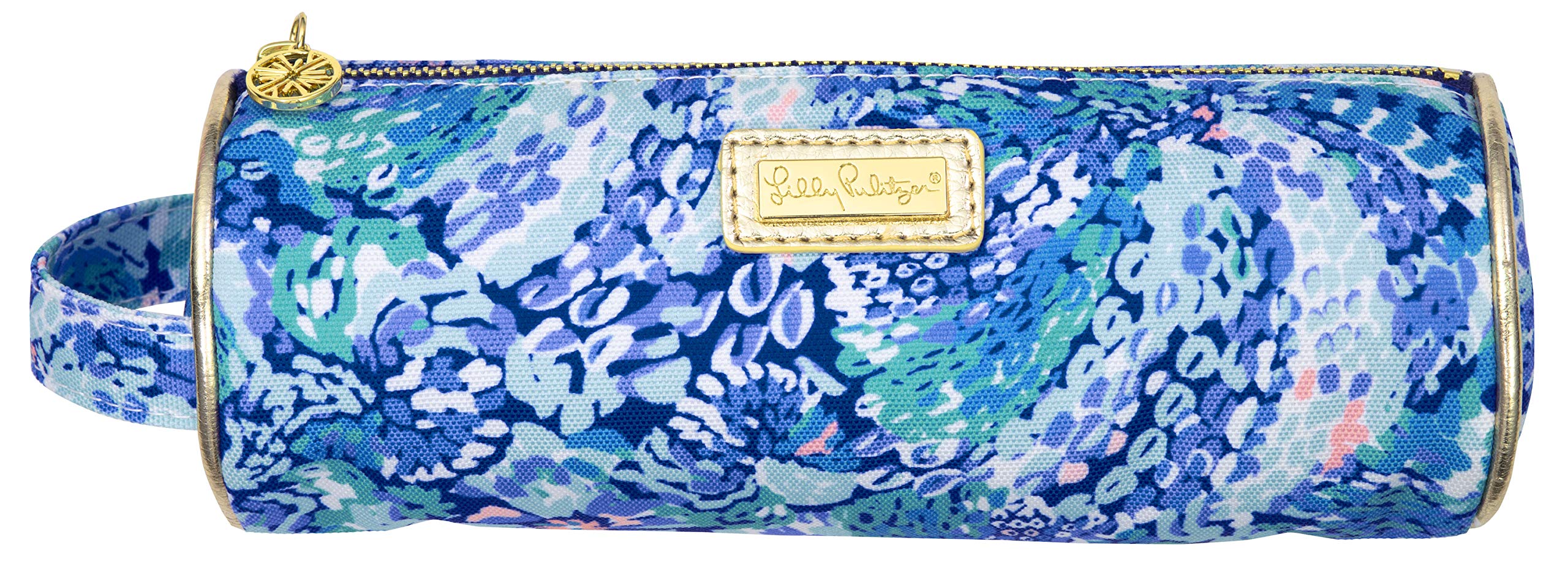Lilly Pulitzer pouch vista frontal con estampado Wave After Wave, práctico para viaje