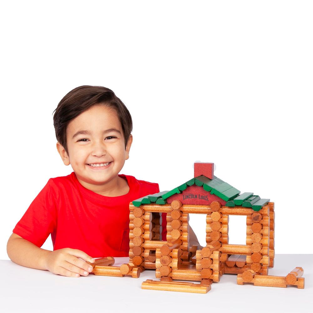 Lincoln Logs lata abierta con las 111 piezas guardadas para transporte y orden rápido
