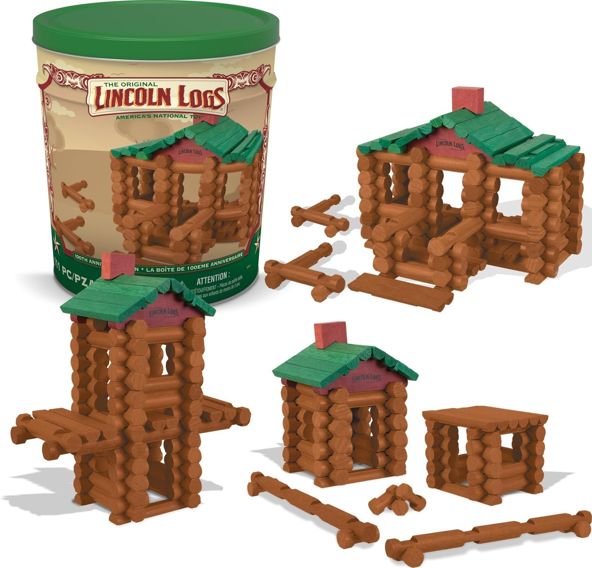 Lincoln Logs vista frontal de la lata coleccionable con diseño conmemorativo y organización fácil