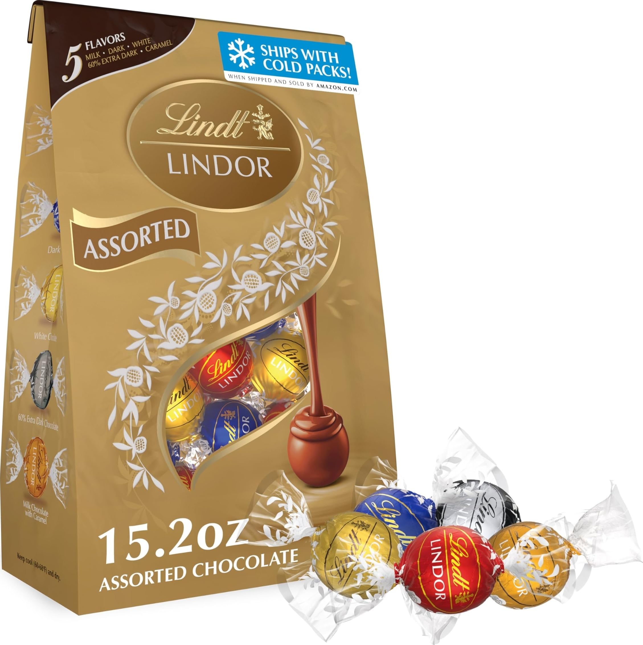 Lindt LINDOR bolsa frontal mostrando diseño y cantidad, perfecta para regalos
