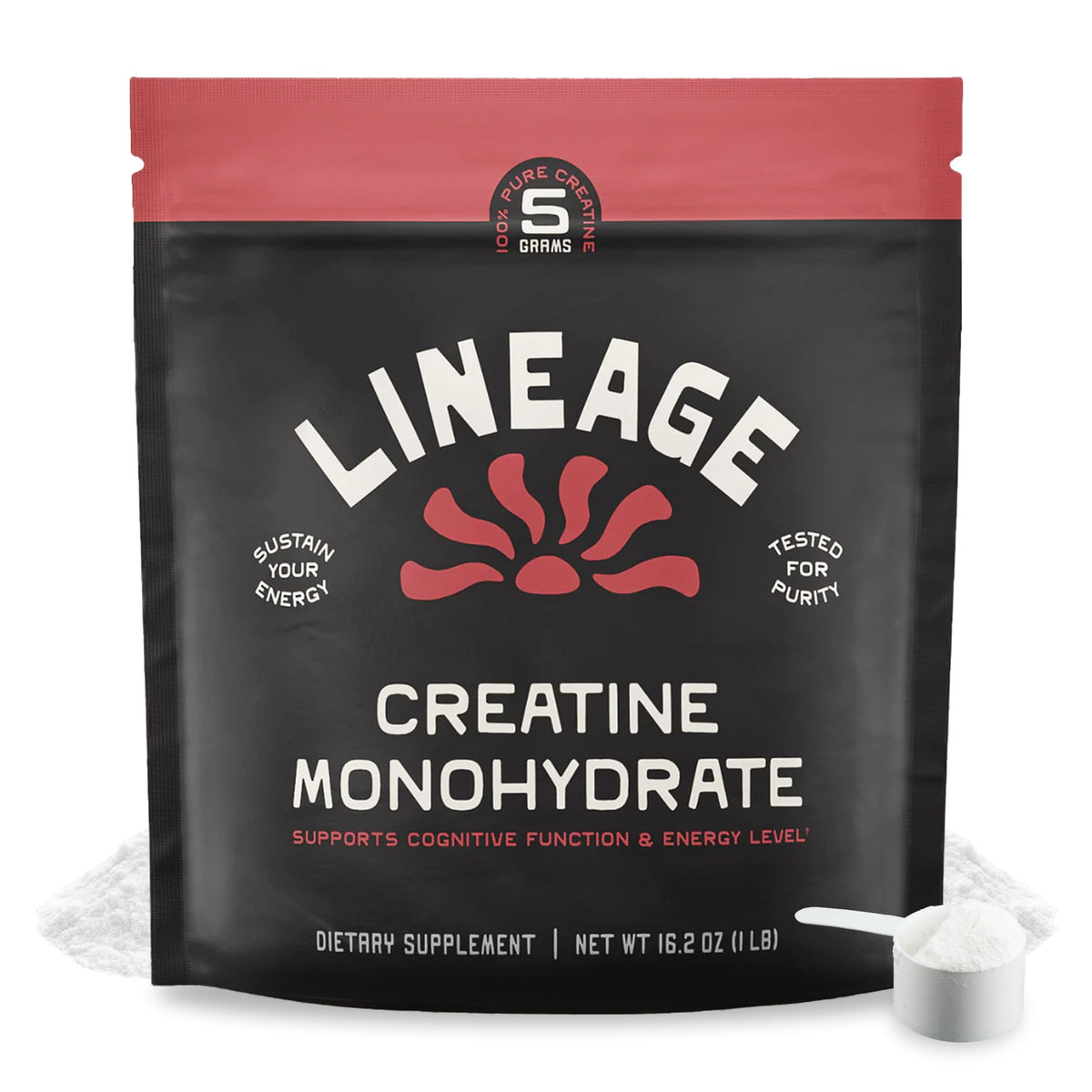 Lineage Provisions frasco frontal con etiqueta clara y beneficios visibles