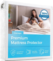 Linenspa vista frontal del protector en empaque que muestra protección impermeable