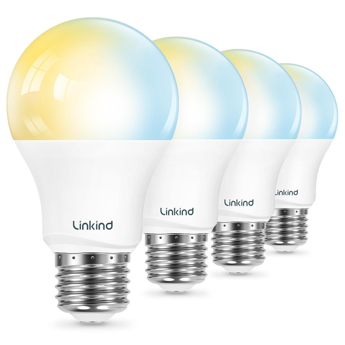 Linkind frontal de la bombilla mostrando forma A19 y beneficio de iluminación uniforme
