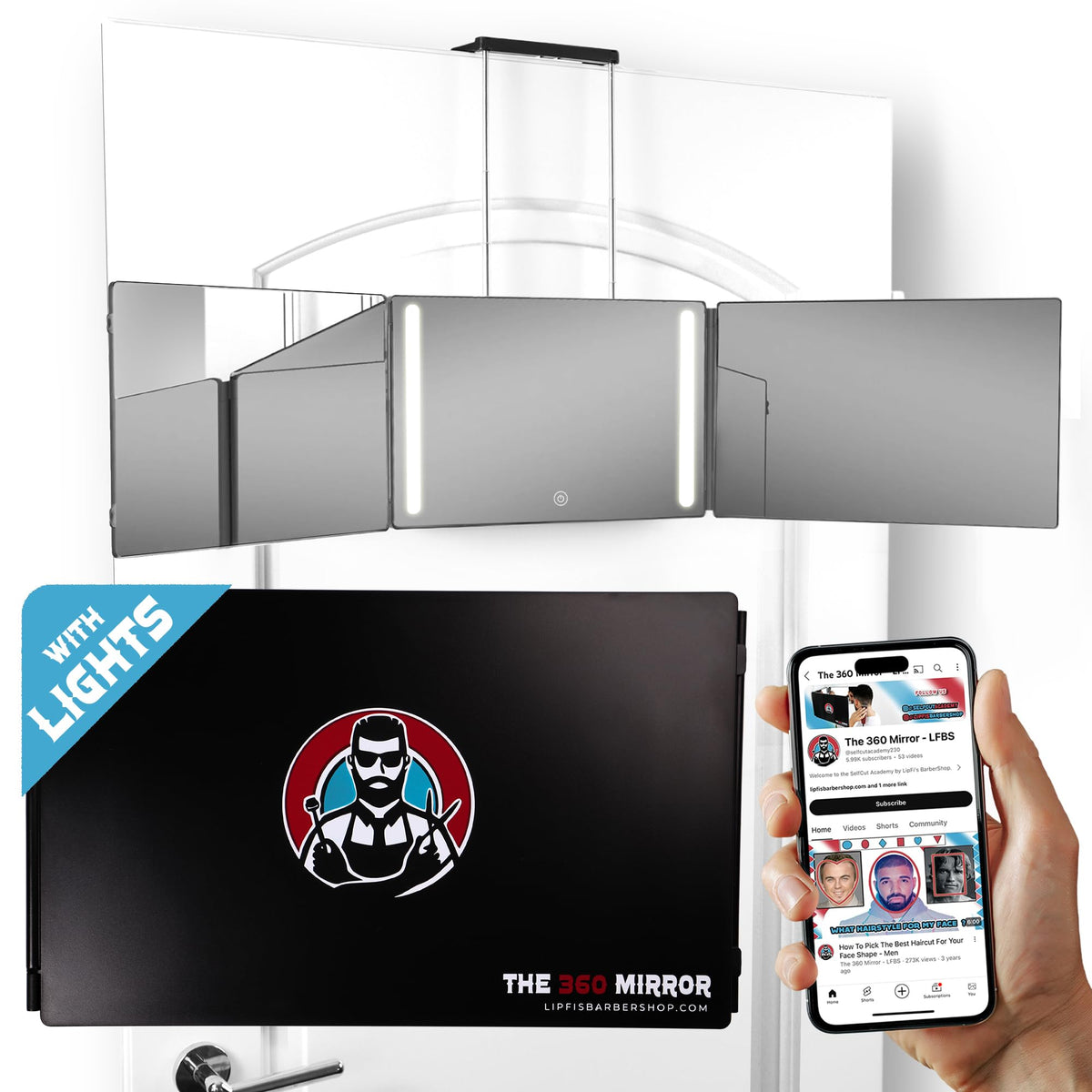LIPFISBARBERSHOP.COM espejo 3 vías frontal mostrando claridad y ventaja profesional