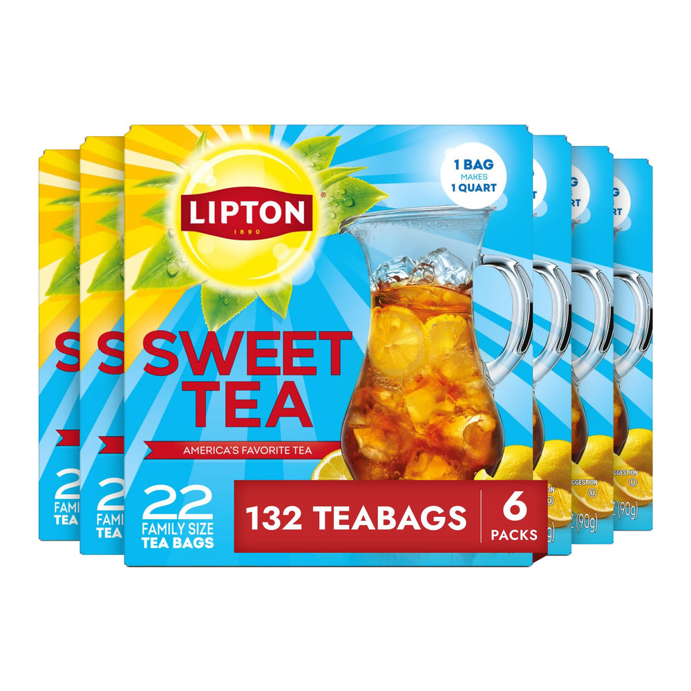 Lipton empaque frontal familiar mostrando 132 bolsitas y uso práctico