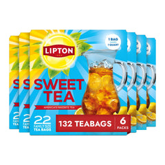 Lipton empaque frontal familiar mostrando 132 bolsitas y uso práctico