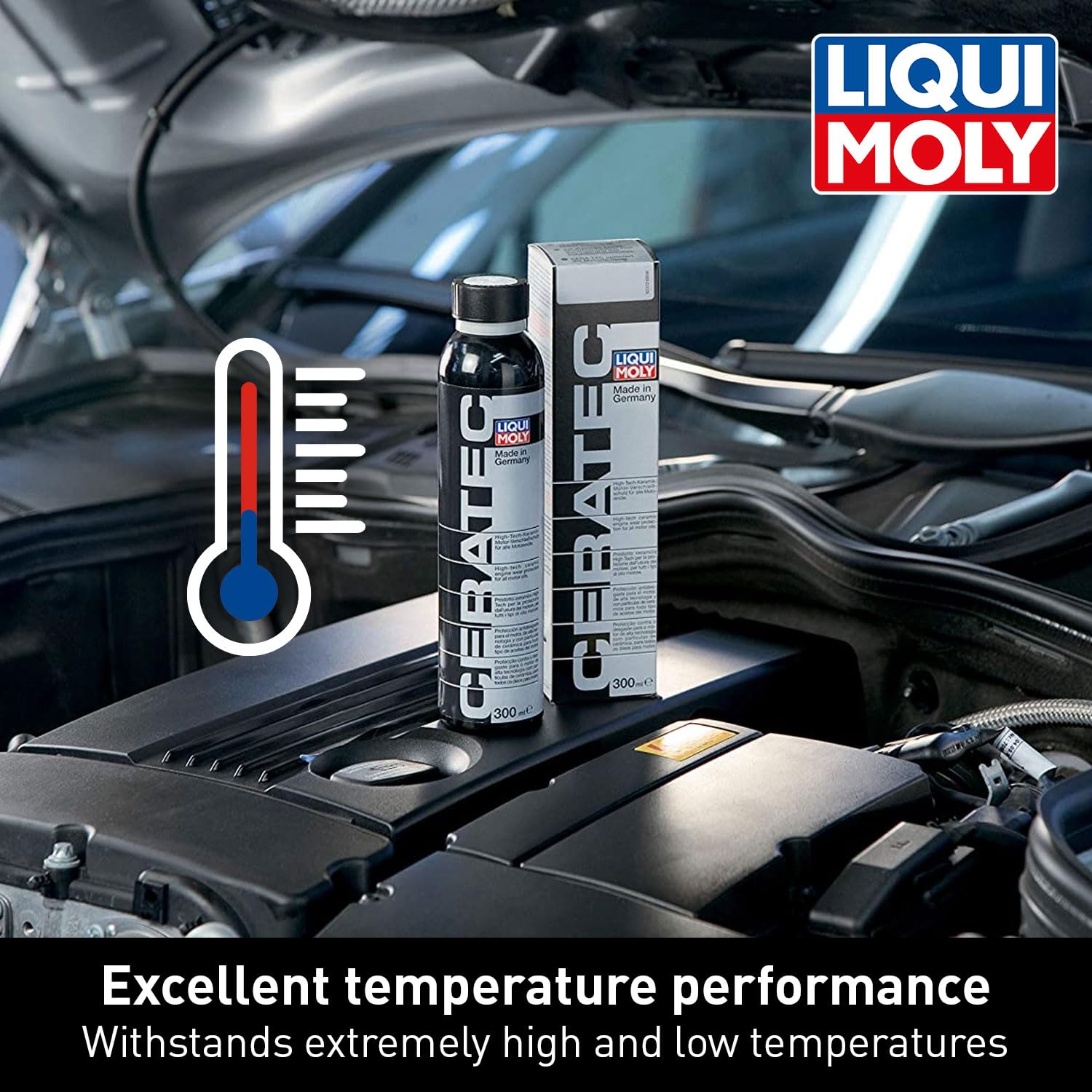 LIQUI MOLY envase Cera Tec junto a una mano para comparar tamaño y dosificación fácil