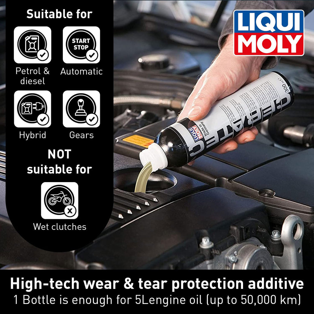 LIQUI MOLY gota del aditivo Cera Tec resaltando textura cerámica y baja fricción