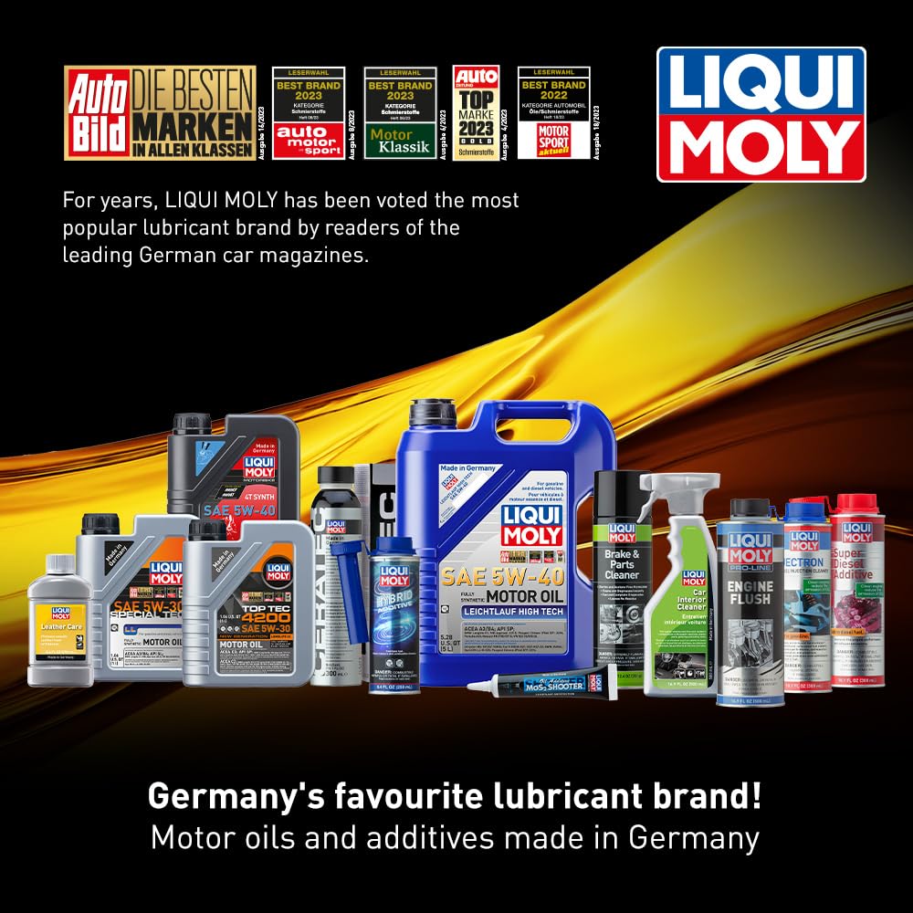 Liqui Moly vertiendo aceite 0W-20 en motor para rápida lubricación al arranque