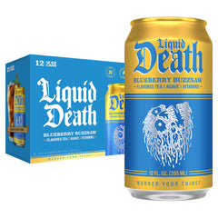 Liquid Death lata frontal mostrando diseño y sabor arándano beneficios refrescante