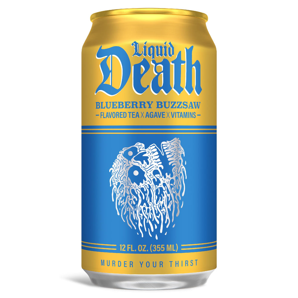 Liquid Death detalle de la lata y textura metálica resaltando calidad y reciclable