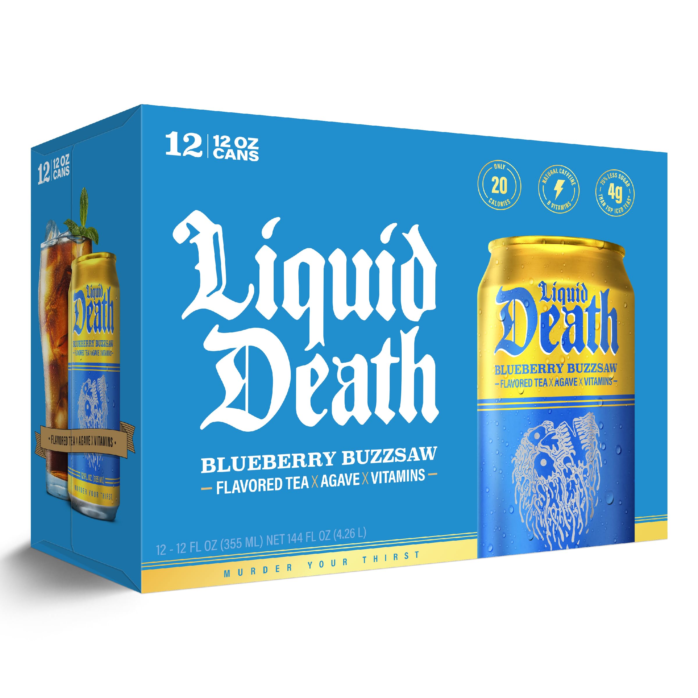Liquid Death vaso con té y hielo ilustrando servicio frío y atractivo visual