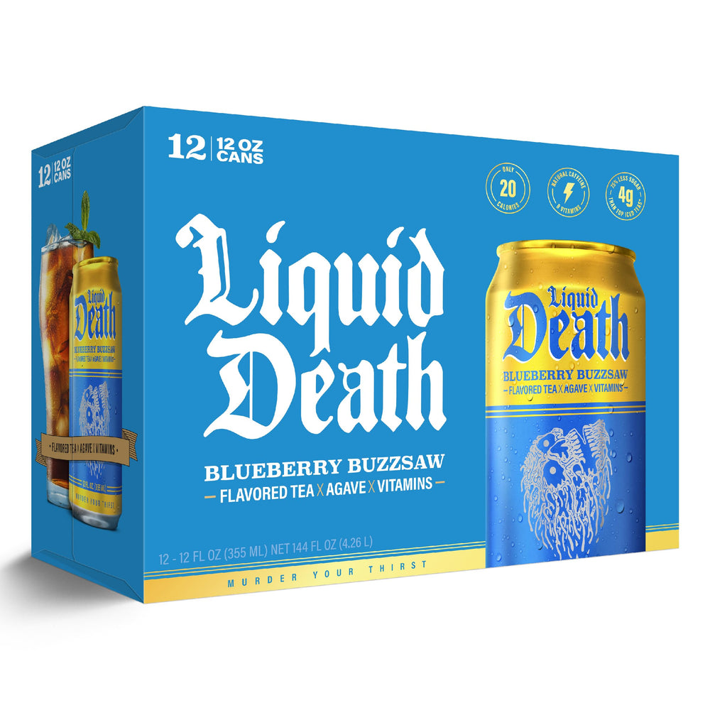 Liquid Death vaso con té y hielo ilustrando servicio frío y atractivo visual
