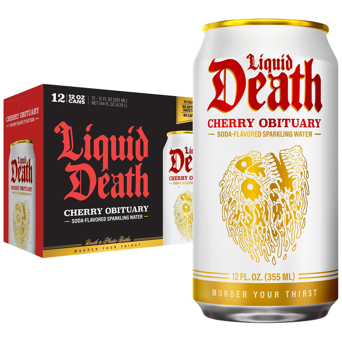 Liquid Death lata frontal mostrando diseño y sabor cereza como alternativa baja en azúcar