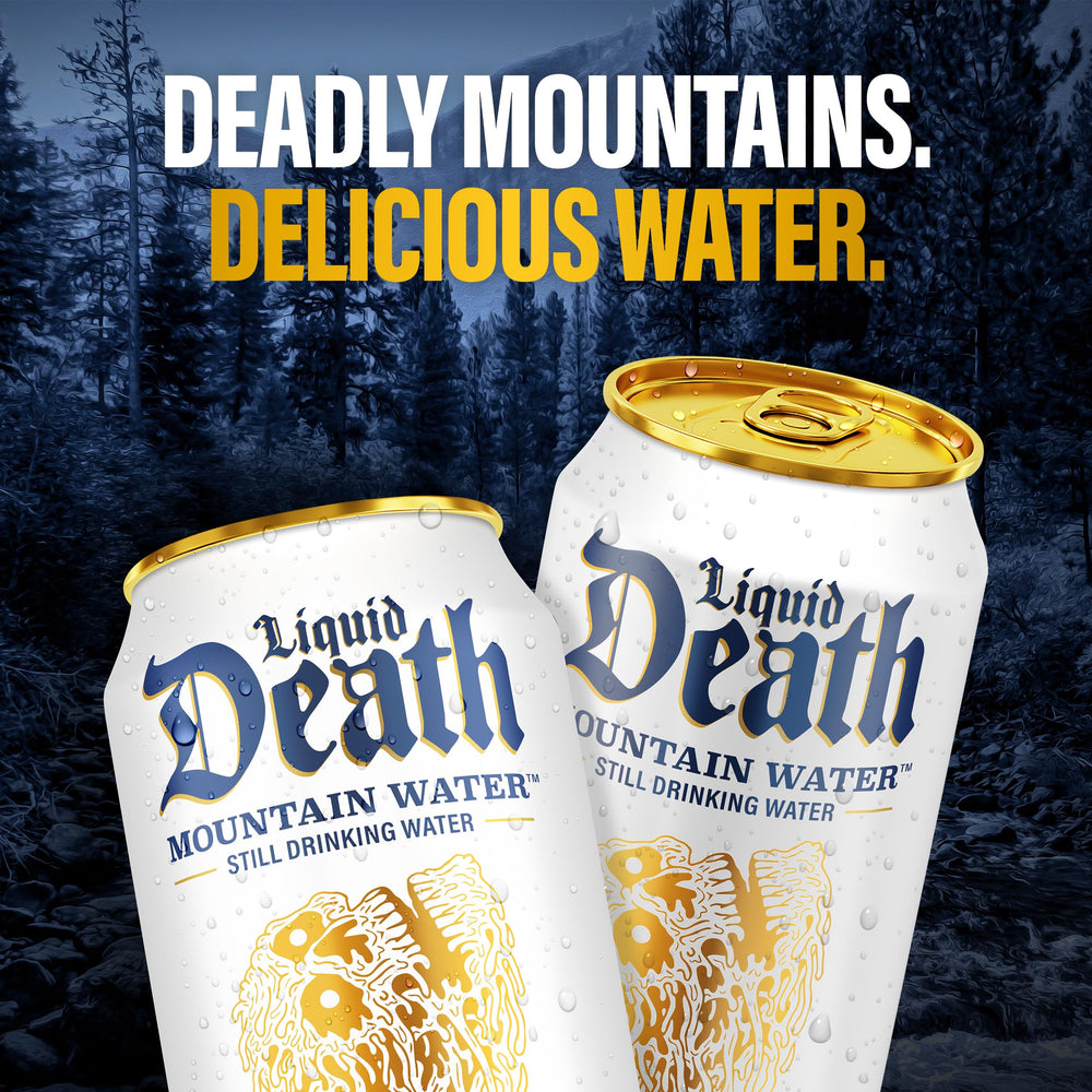 Liquid Death comparación de tamaño 19.2 fl oz junto a objetos cotidianos